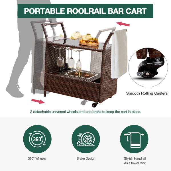 Homrest Outdoor Wicker Bar Cart with Removable Ice Bucket and Wheels, Brown Online Sale