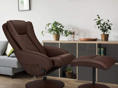 Recliner Chair and Ottoman, 360 Degrees Swivel Ergonomic Faux Leather Lounge Recliner with Footrest, Vibration Massage Lounge Chair with Side Pocket, Brown Fashion