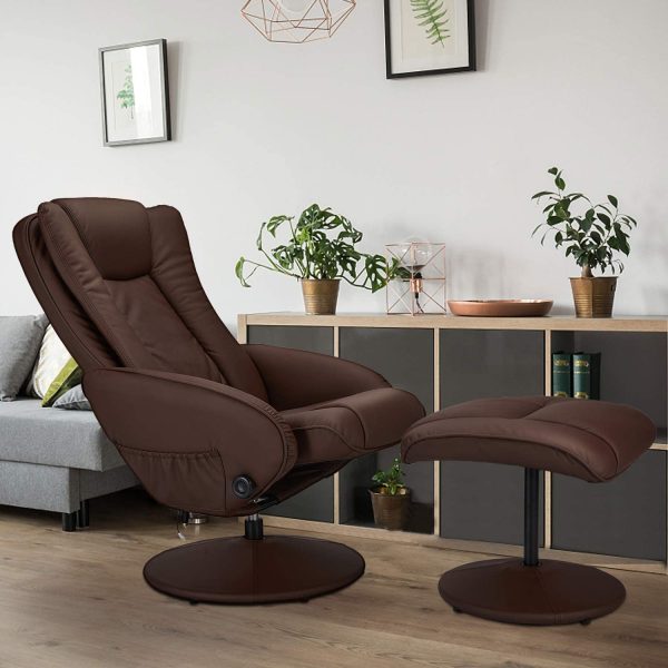 Recliner Chair and Ottoman, 360 Degrees Swivel Ergonomic Faux Leather Lounge Recliner with Footrest, Vibration Massage Lounge Chair with Side Pocket, Brown Fashion