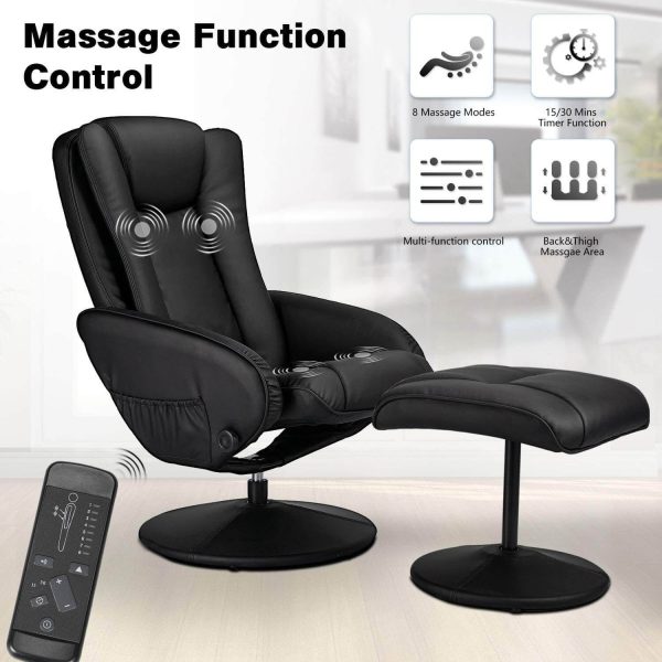 Recliner Chair and Ottoman, 360 Degrees Swivel Ergonomic Faux Leather Lounge Recliner with Footrest, Vibration Massage Lounge Chair with Side Pocket, Black Cheap