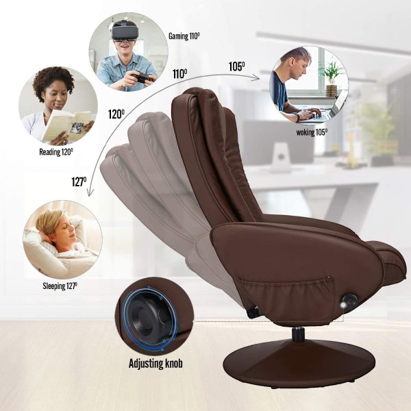 Recliner Chair and Ottoman, 360 Degrees Swivel Ergonomic Faux Leather Lounge Recliner with Footrest, Vibration Massage Lounge Chair with Side Pocket, Brown Fashion