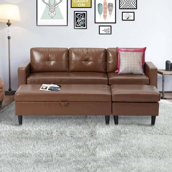 Small Faux Leather Sectional Sofa with Storage Ottoman and Chaise Lounge, 3-Seat Living Room Furniture Sets for Small Apartment, Brown For Discount