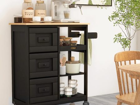 Kitchen Island Cart with Wood, 27  Width Kitchen Island on Wheels with Drawer, Open Shelves & Spice Rack, Black Online Sale