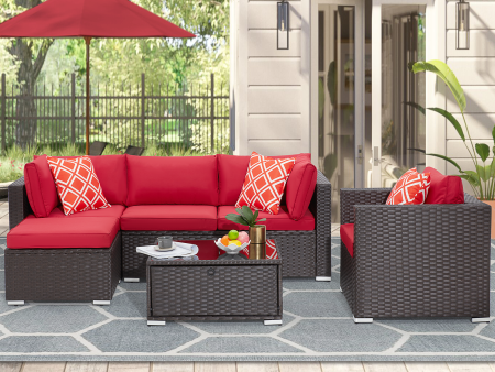 4 Pcs Wicker Rattan Outdoor Sectional Sofa with Coffee Table, Wine Red Online Sale