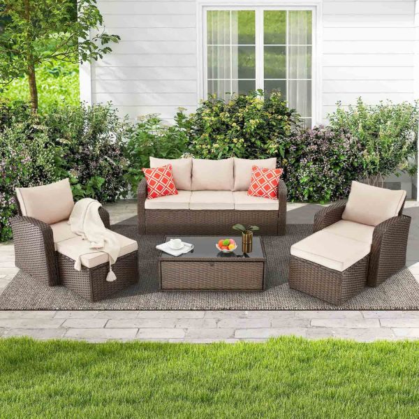 Homrest 6 Pcs Patio Furniture Sets with Coffee Table, Ottomans, Cushions & Pillows, Khaki Online