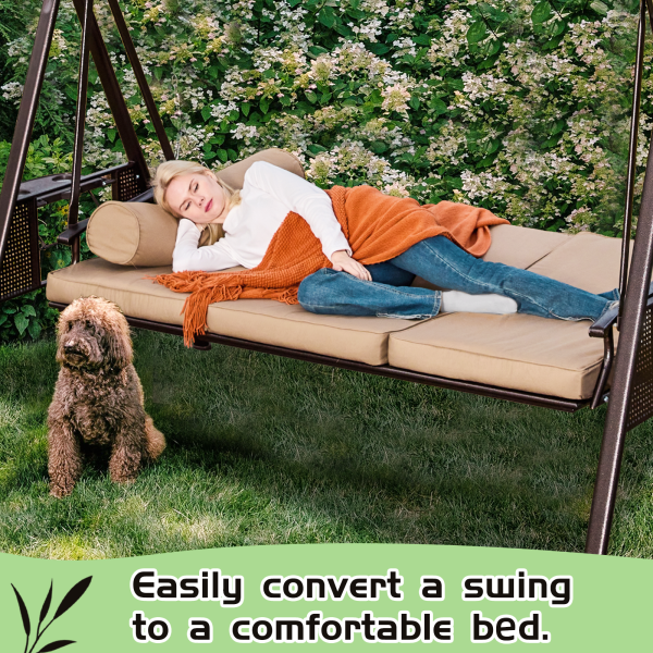 HOMREST Porch Swing with Hardtop Sunshade, 3 Seat with 2 Side Cup Holder with Cushion, 2 Pillows for Front Outdoor Porch Lawn Khaki Hot on Sale