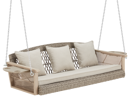 3-Seater Patio Porch Swing Bed with Cup Holders and Cushions, Beige Discount