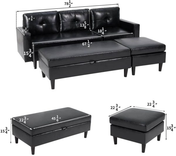 Small Black Faux Leather Sectional Sofa with Storage Ottoman and Chaise Lounge, 3-Seat Living Room Furniture Sets for Small Apartment, Black Discount