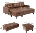 Small Faux Leather Sectional Sofa with Storage Ottoman and Chaise Lounge, 3-Seat Living Room Furniture Sets for Small Apartment, Brown For Discount