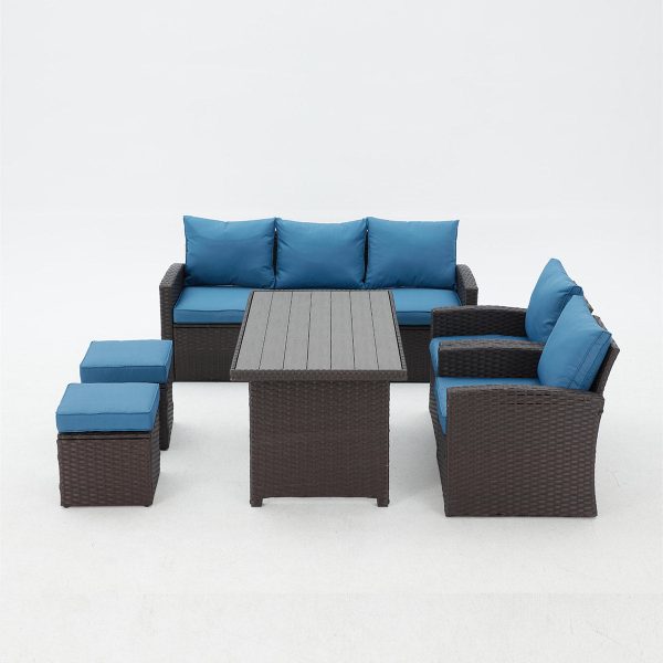 Homrest 6 Pcs Patio Dining Sofa Set with Table, Chair and Ottoman, Blue Online Hot Sale