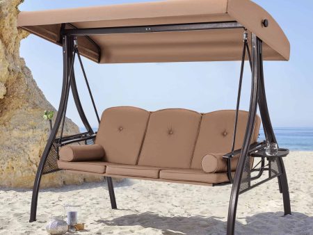 3-Seat Outdoor Porch Swing with Adjustable Canopy and Backrest, Brown Discount