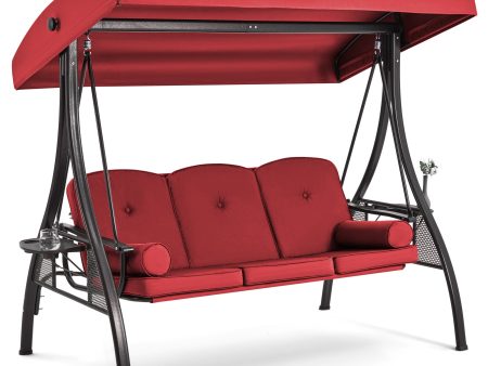 3-Seat Outdoor Porch Swing with Adjustable Canopy Backrest and 2 Side Trays, Wine Red Online now