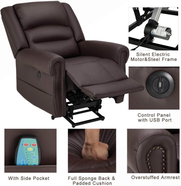 Power Lift Recliner Chair for Elderly, Faux Leather with Rivet Design Electric Recliner Chair with Heated Vibration Massage, Side Pockets & USB Port, Dark Brown Hot on Sale