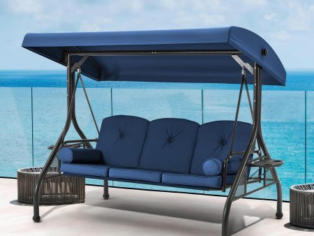 3-Seat Outdoor Porch Swing with Adjustable Canopy and Backrest,Blue For Sale