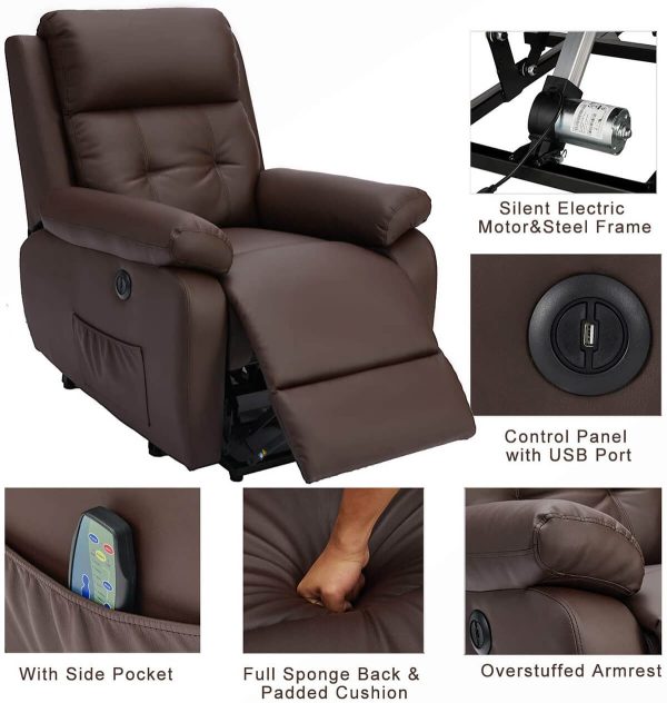 Electric Power Lift Recliner Chair Sofa for Elderly, Faux Leather Recliner Chair with Heated Vibration Massage, Heavy Duty & Safety Motion Reclining Mechanism, Brown Hot on Sale