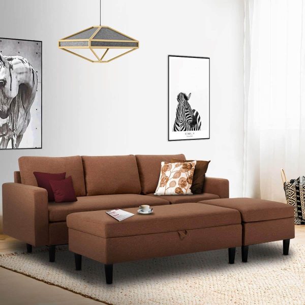 Sectional Sofa with Ottoman and Chaise Lounge, 3-Seat Living Room Furniture Sets, L-Shape Couch Sofa for Living Room, Brown Online