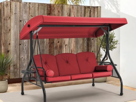 3-Seat Porch Swing with Adjustable Canopy and Backrest, Wine Red Online now