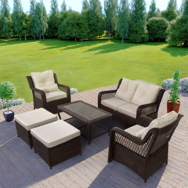 Patio Furniture Set, 6 Pcs Rattan Outdoor Conversation Sets with Ottoman, Brown Online Sale