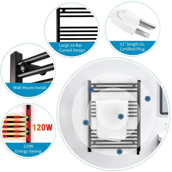 Towel Warmer Rack, Steel Heated Drying Rack Plug-in Wall Mounted Towel Warmer Rack for Bathroom (Black, 14 Bar) Online