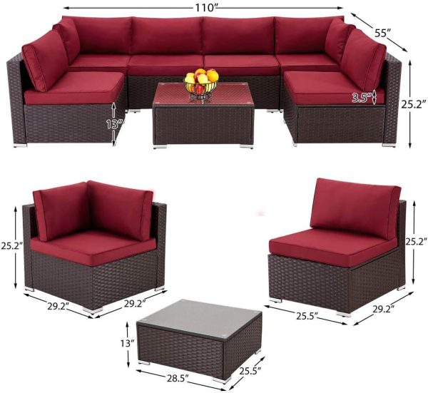 7 Pcs Patio Furniture Set All Weather Sectional Sofa w  Red Cushion & Coffee Table on Sale