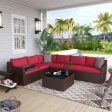 7 Pcs Patio Rattan Sofa Set w  Ergonomic Curved Armrest, Red Cushion & Coffee Table For Sale